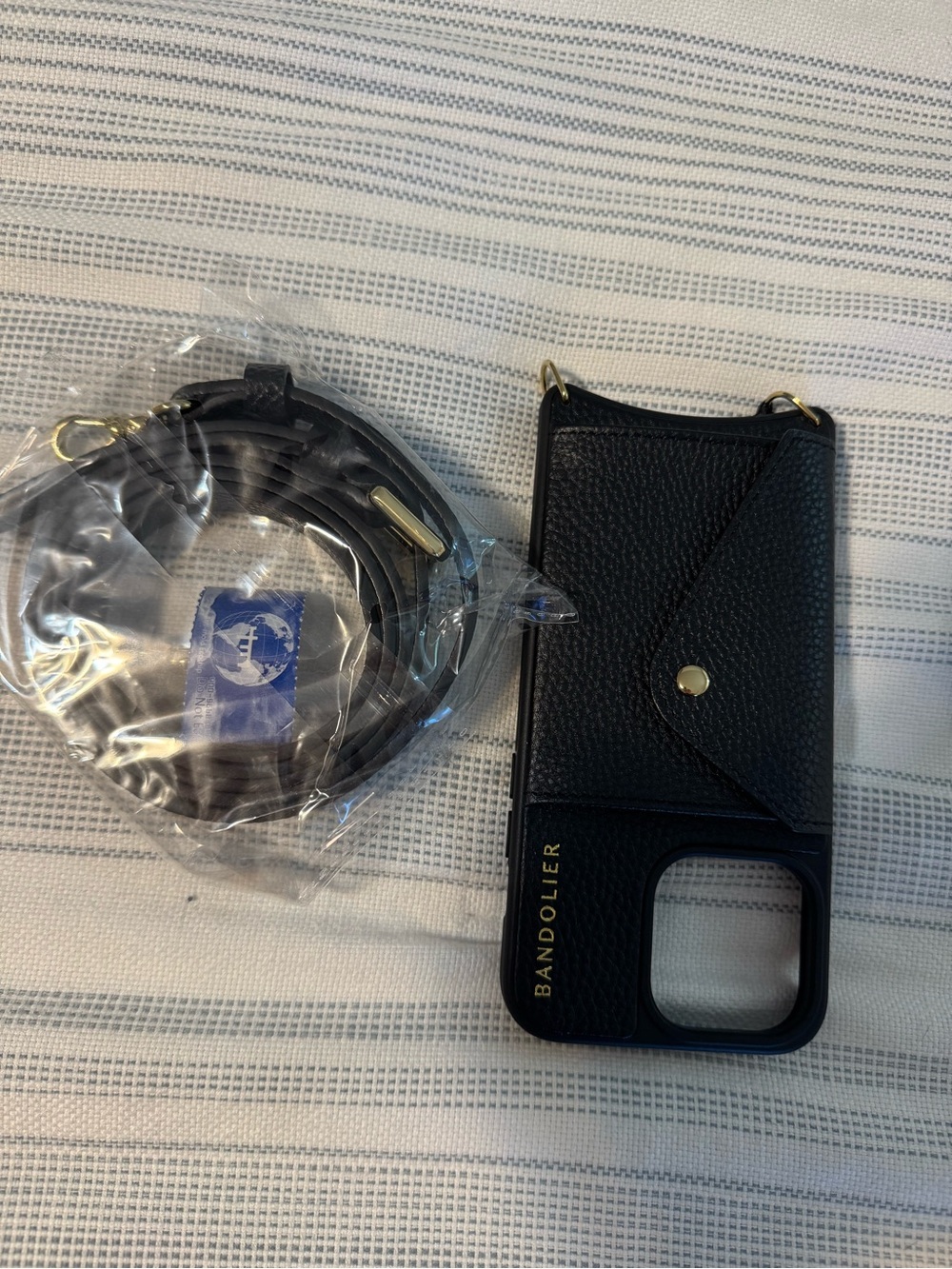Bandolier Black Pebble Leather Crossbody Phone Case with Gold Hardware